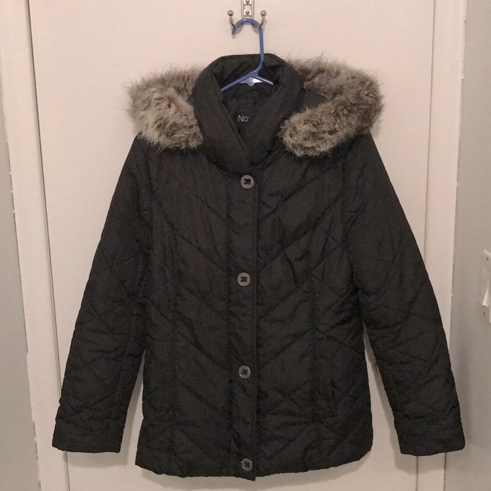 Women's Black Puffer Winter Coat with Detachable Faux-Fur Hood - Size Medium